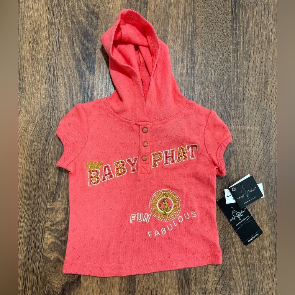 Vintage Y2K Baby Phat 2T Hooded Top Short Sleeve Hoodie Coral Pink Deadstock NWT